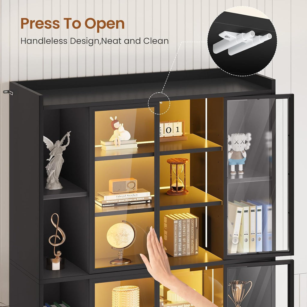 SEDETA 71" Display Cabinet with Acrylic Glass Doors, 6 Tier Display Cases for Collectibles, Curio Cabinet with LED Lights, Tall Bookcase with Adjustable Shelves, Black