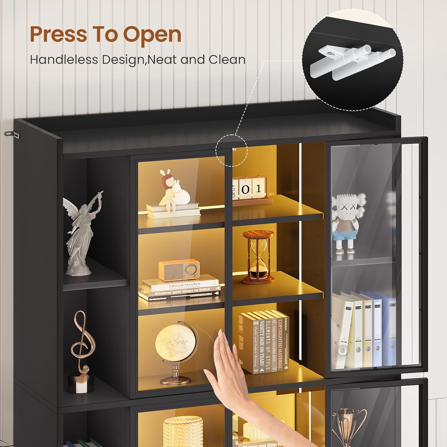 SEDETA 71" Display Cabinet with Acrylic Glass Doors, 6 Tier Display Cases for Collectibles, Curio Cabinet with LED Lights, Tall Bookcase with Adjustable Shelves, Black