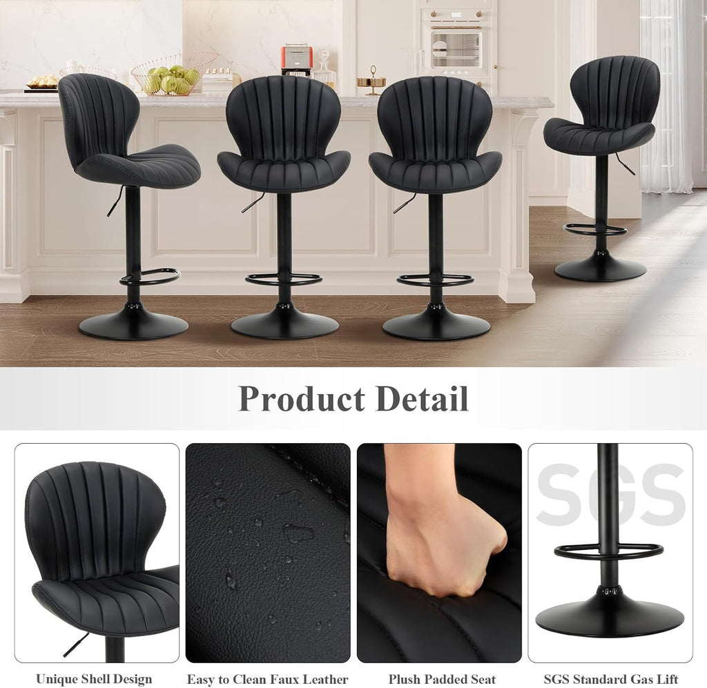COLAMY Bar Stools Set of 4, Modern Swivel Bar Chairs, Adjustable Faux Leather Upholstered Barstools Counter Height with High Backrest for Bar, Kitchen Island, Dining Room, Black