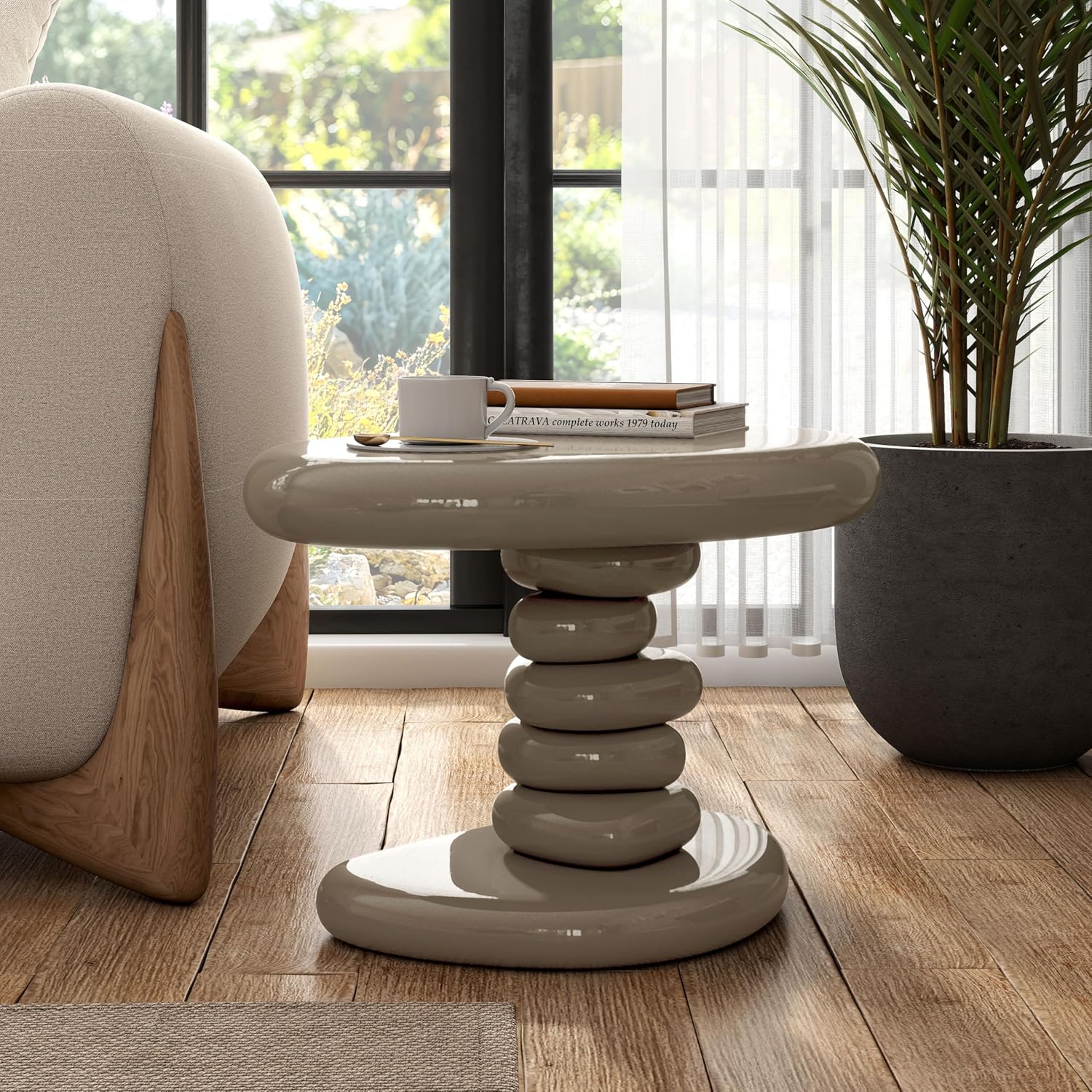 24/7 Shop at Home Kavren Modern 22-inch Oval Glossy Pedestal End Table, Stone Shape Living Room Furniture for Small Space, Dark Brown