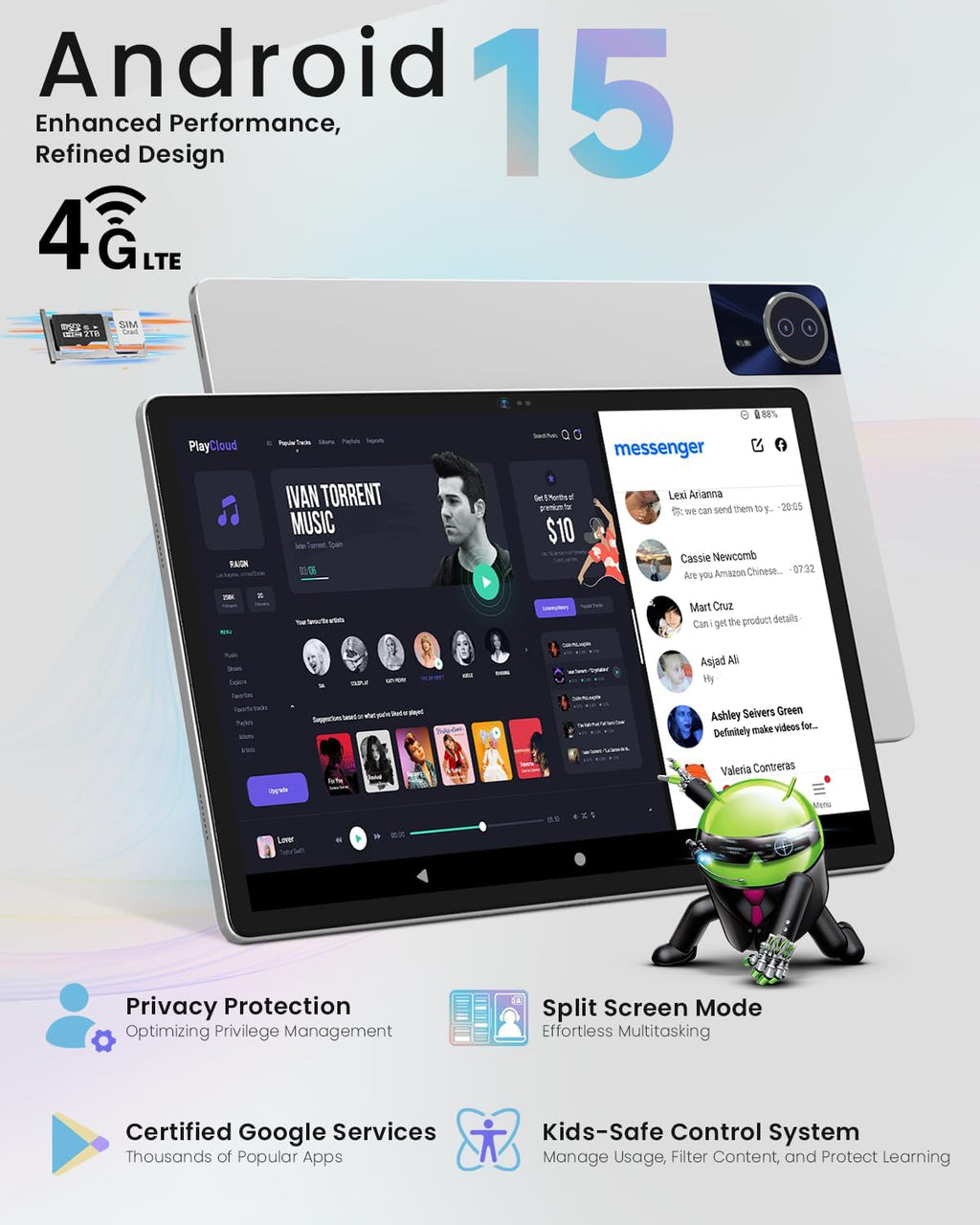 14 Inch Android 15 Tablet, 16GB RAM+256GB ROM, 1920x1200 FHD IPS Display, Widevine L1, 10000mAh Battery, 4G LTE, Wi-Fi & Bluetooth 5.0, Multi-Angle Stand Case & Stylus Pen,6ft Type-C Cable - Blue