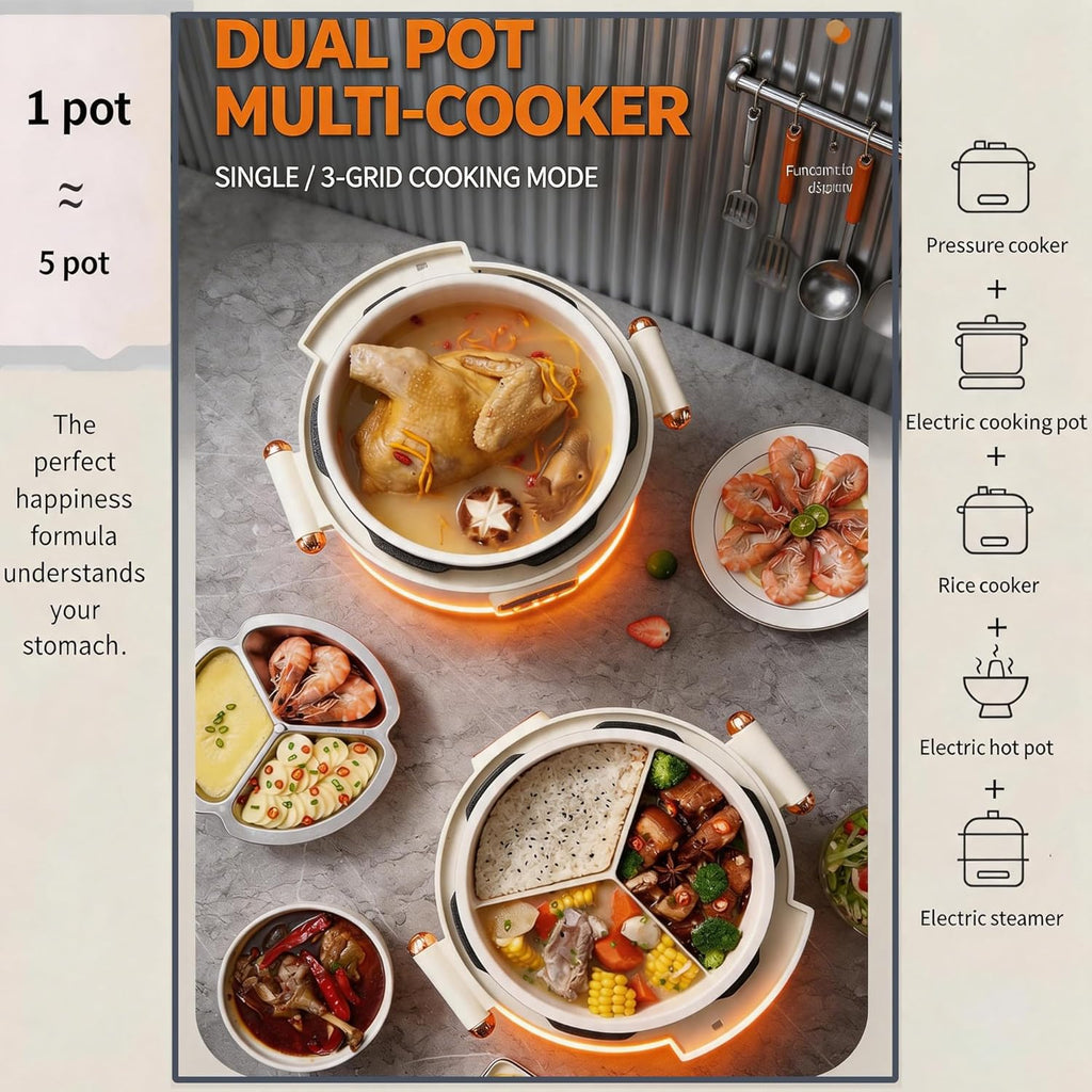 4.2Qt Electric Pressure Cooker & Smart Multi-Cooker, 10-in-1 Innovative 3-Compartment Rice Cooker, 1000W Hot Pot with 24H Timer, 70KPa Fast Cooking, Non-Stick Inner Pots, Heat Preservation, 110V, White