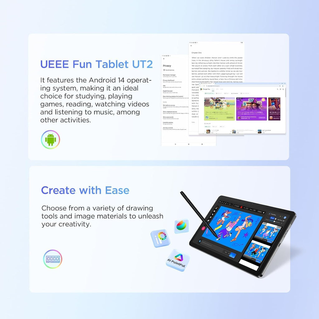 UGEE Pad Drawing Tablet No Computer Needed,Android 14 tablet drawing Stand for 7000mAh+18W Battery,6GB+128GB Fun Drawing Pad 2K Ultra HD Large Screen with Full-Laminated Screen,Standalone Tablet 10.36