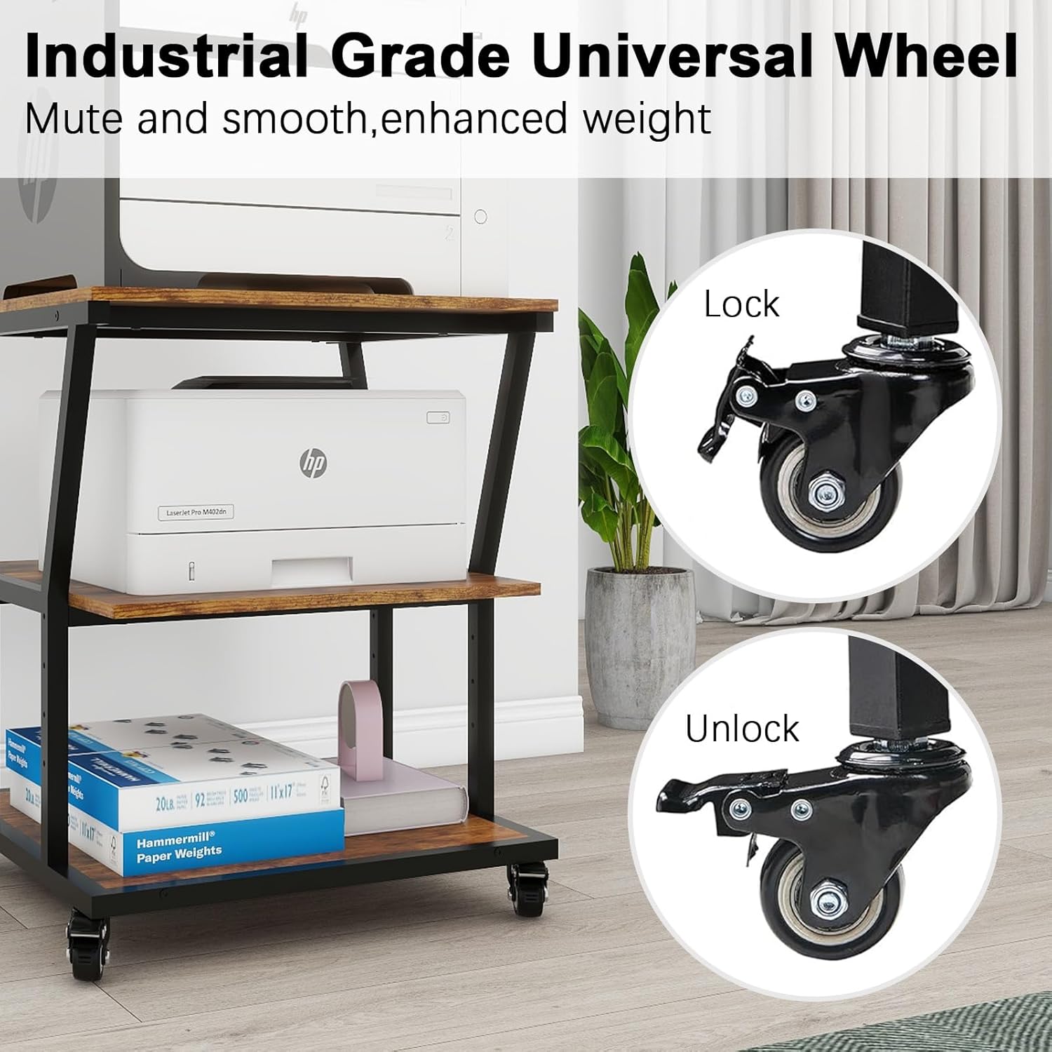 Natwind 3-Tier Large Printer Stand,23.6"x23.6"x29.5" Heavy-Duty Printer Table Cart with Paper Storage Shelf & Wheels,Ideal for Home Office Laser Printers, Copiers (Retro)