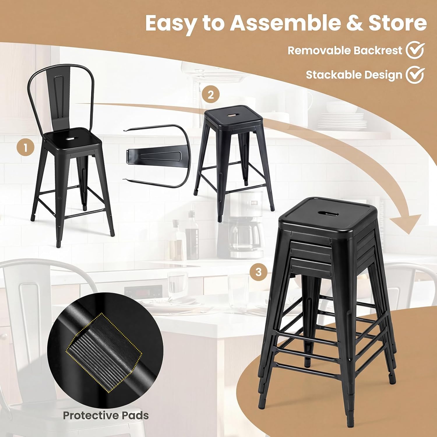 Giantex 24" Metal Bar Stools Set of 4, Counter Height Bar Chairs w/Removable Back & Integrated Footrest, High Back Barstools w/Rubber Foot Pads for Kitchen Dining Rooms, Restaurants, Black