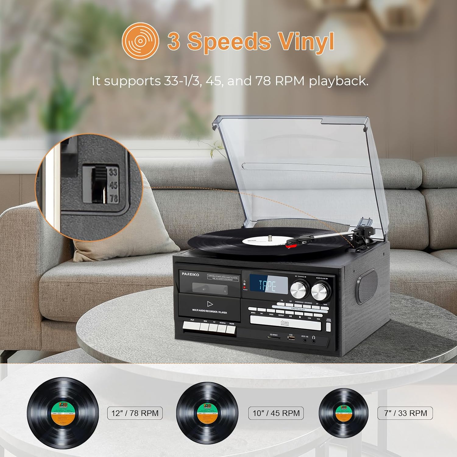 9 in 1 Vintage Bluetooth Record Player with Built-in Stereo Speakers, 3-Speed Turntable, AM/FM Radio, CD & Cassette Player, USB/SD Playback, Remote Control, Aux in, RCA Out & Headphone Jack