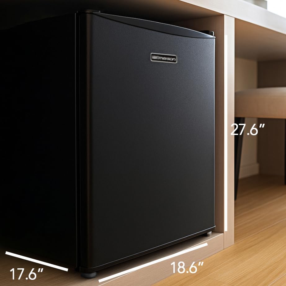 Emerson CR2700B-A Compact Refrigerator 2.7 Cu Ft, ENERGY STAR Mini Fridge with Adjustable Thermostat, Reversible Door, Glass Shelves, Manual Defrost, Black