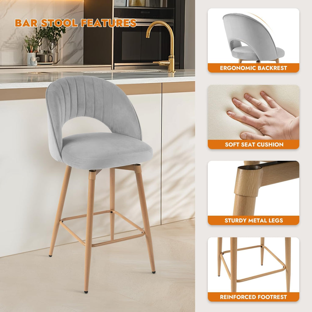 Swivel Bar Stools Set of 3, Counter Height Barstools for Kitchen Island, 26" Seat Height Bar Chairs for Dining Room, Velvet Upholstered Bar Stool with Back and Footrest, Gray