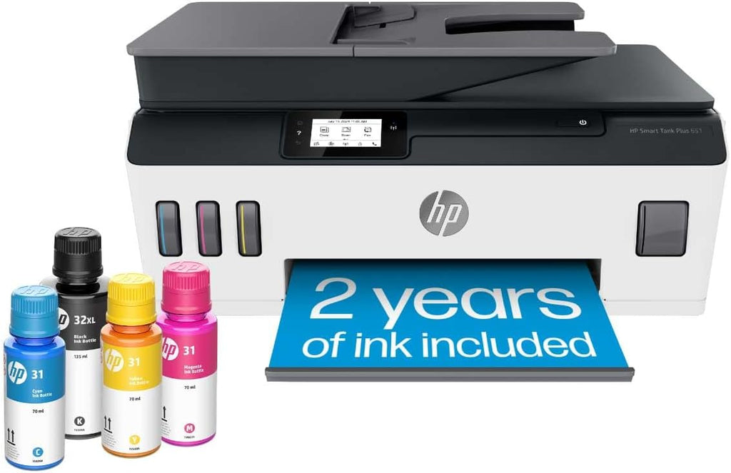 HP Smart Tank Plus 651 Wireless All-in-One Printer, Ink Tank Printer-for-Home Use, 2 Years of Ink Included Auto Document Feeder, Mobile Print, Scan, Copy, Fax, an EcoTank Alternative (7XV38A)