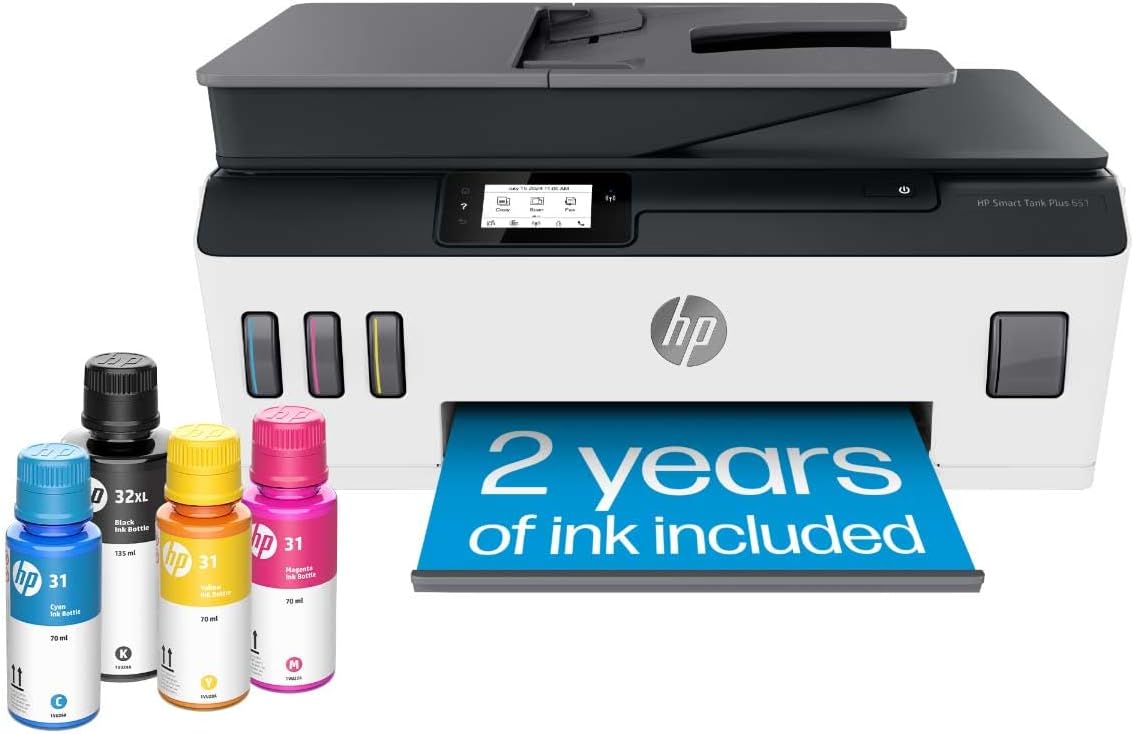 HP Smart Tank Plus 651 Wireless All-in-One Printer, Ink Tank Printer-for-Home Use, 2 Years of Ink Included Auto Document Feeder, Mobile Print, Scan, Copy, Fax, an EcoTank Alternative (7XV38A)