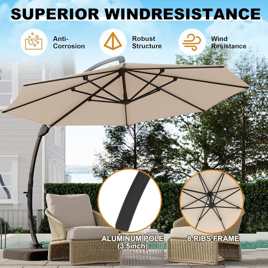 Garvee Outdoor Patio Umbrella with Base Included, 11FT Large Sun Shade Cantilever Umbrella with 360° Rotation, Aluminium Curved Cantilever Umbrella Heavy Duty for Patio Garden Backyard