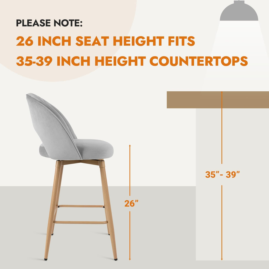 Swivel Bar Stools Set of 3, Counter Height Barstools for Kitchen Island, 26" Seat Height Bar Chairs for Dining Room, Velvet Upholstered Bar Stool with Back and Footrest, Gray