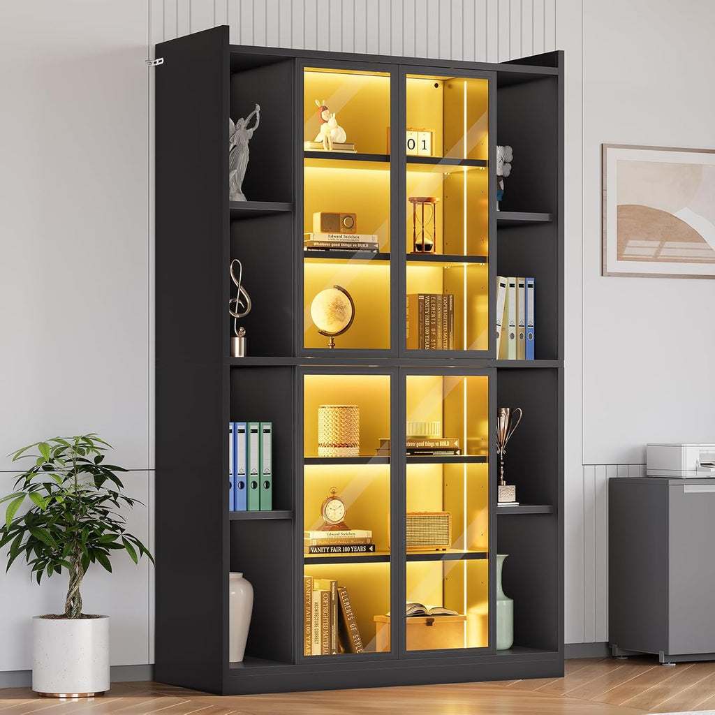 SEDETA 71" Display Cabinet with Acrylic Glass Doors, 6 Tier Display Cases for Collectibles, Curio Cabinet with LED Lights, Tall Bookcase with Adjustable Shelves, Black