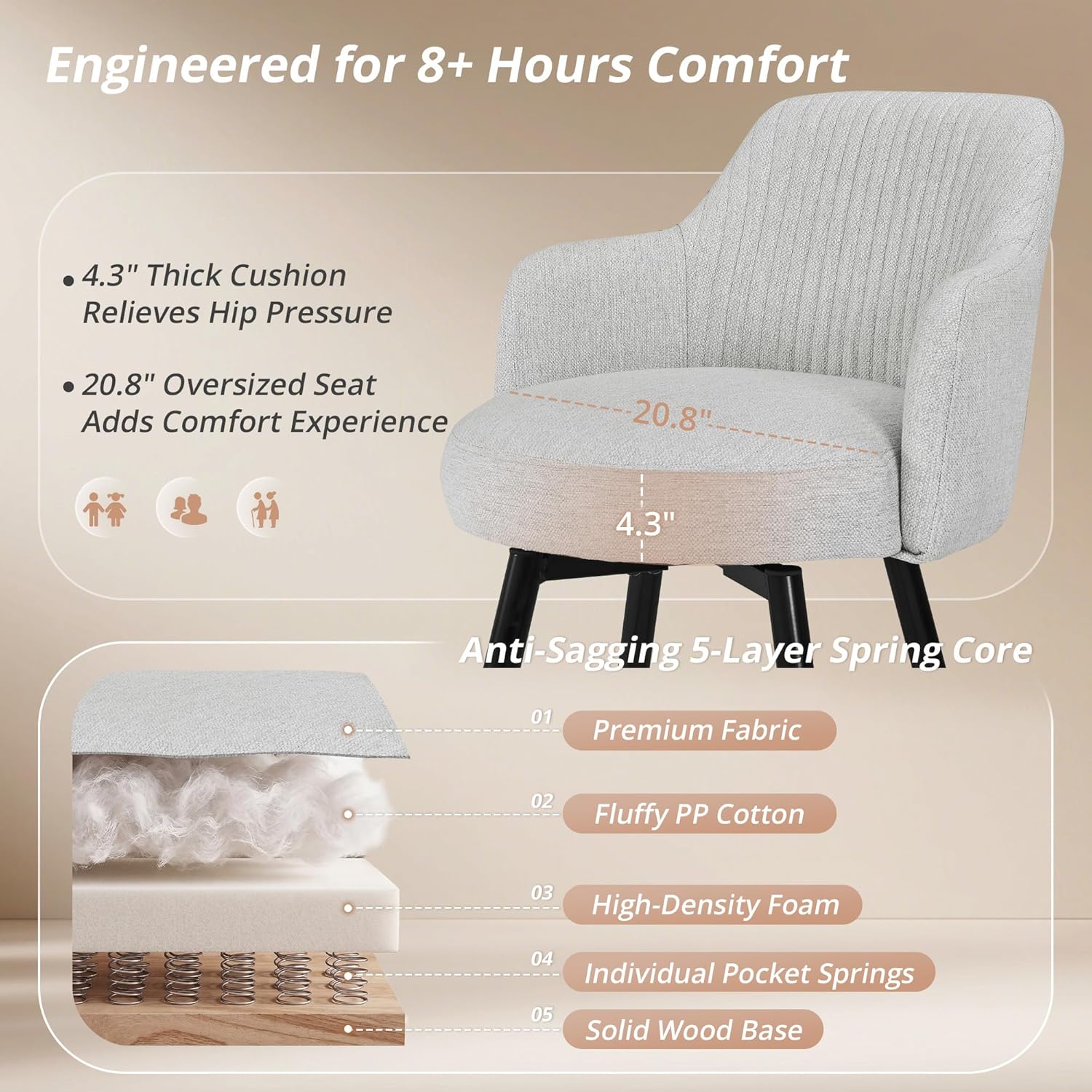 LUE BONA Swivel Bar Stools Set of 3, 26" Counter Height Bar Stools with Ergonomic Semi-Enclosed Back, Fabric Upholstered Barstools with Spring Cushion for Kitchen Island, Light Gray
