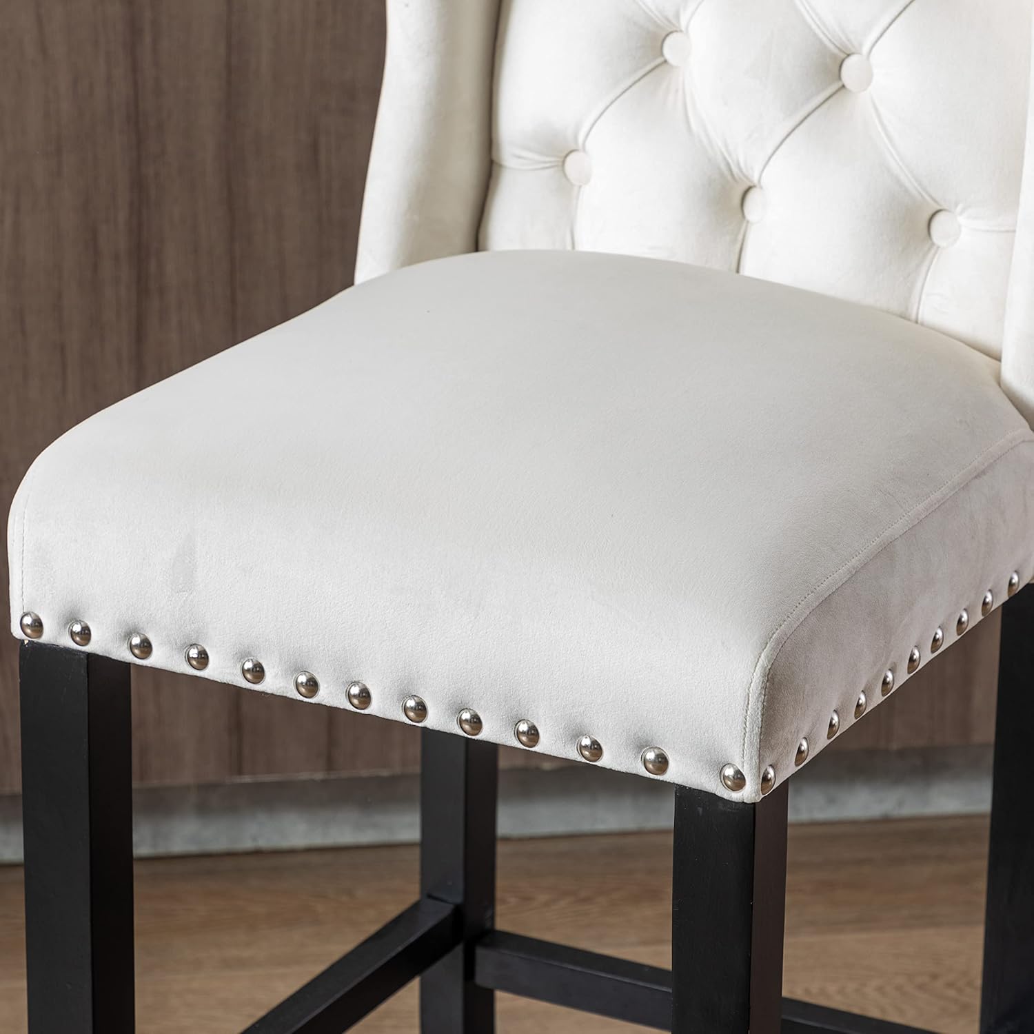DUOMAY Modern Tufted Bar Stools Set of 2, 30" Bar Height Bar Chairs with Back, Velvet Kitchen Island Chair Barstools with Wood Legs for Dining Room Bar Coffee Shop, White