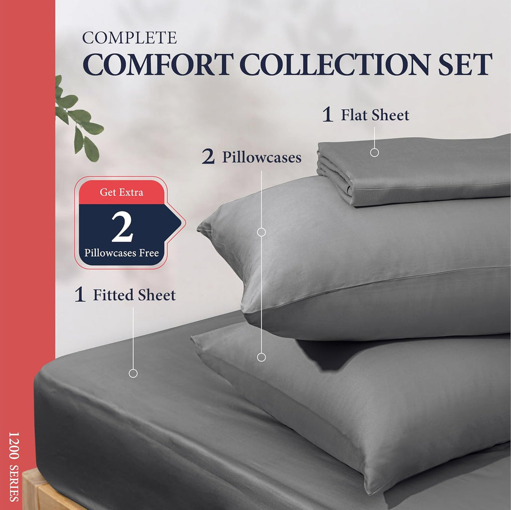 100% Egyptian Cotton King Size Sheets Set - Luxury 1200 Series Signature Collection Egyptian Cotton Sheet (4 PC, Dark Grey), Soft Cooling, Sateen Weave, 17" Deep Pocket Hotel Bed Set