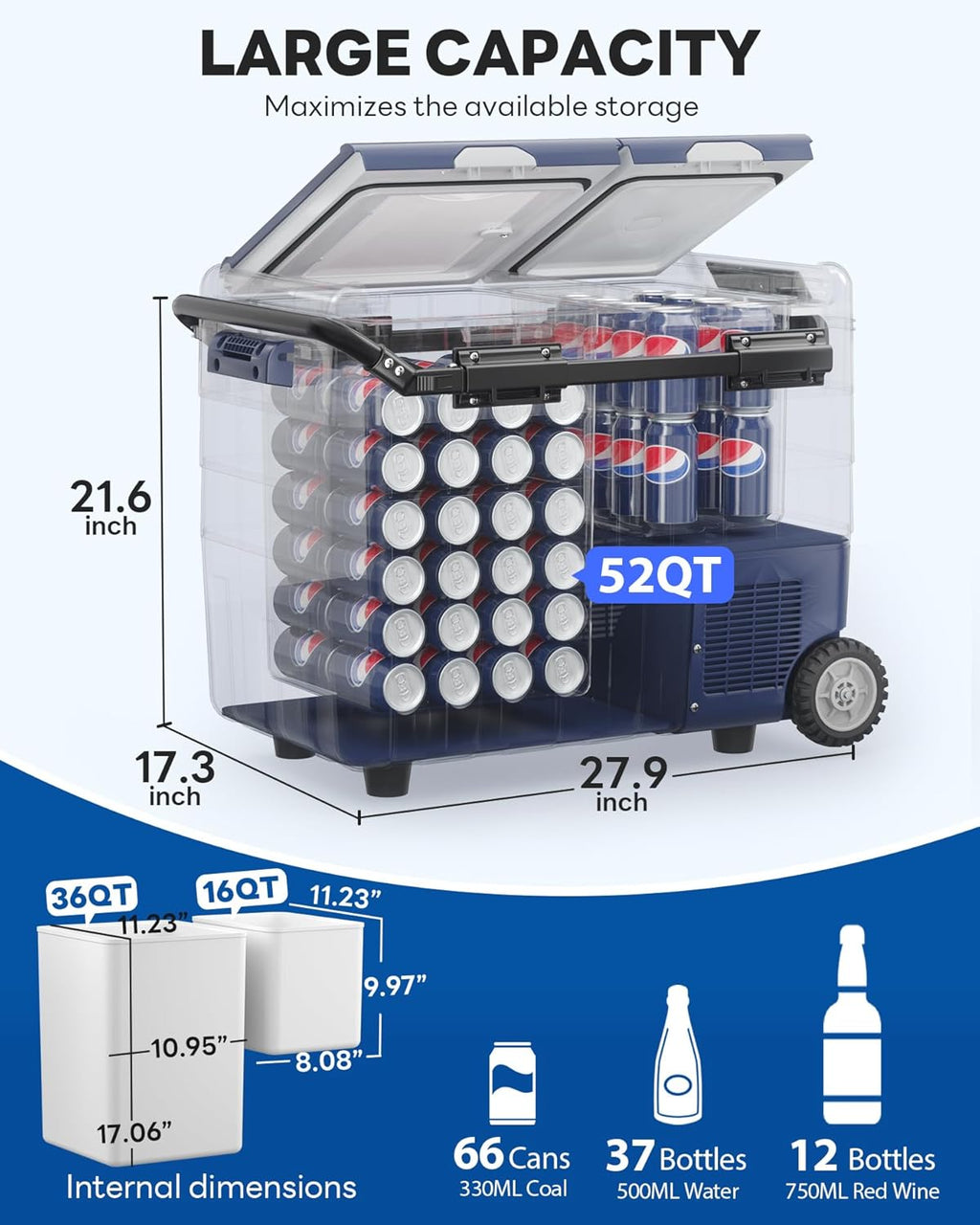 Aeitto 12 Volt Car Refrigerator, 52QT(50L) Dual Zone Portable Car Fridge Freezer -4℉-68℉ Electric Cooler Dual Temp Control Cooling Freezing 12/24V DC & 100-240V AC for Travel, Camping, RV, Road, Home
