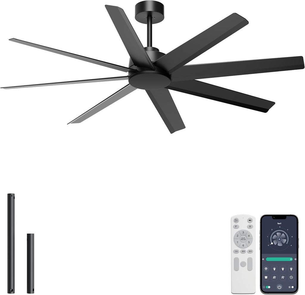 Ohniyou 60'' Ceiling Fan No Light - Modern Black 8 Blades Ceiling Fan Remote/APP Control, DC Motor Outdoor Fan for Covered Patio, Living Room, Shop, Garage
