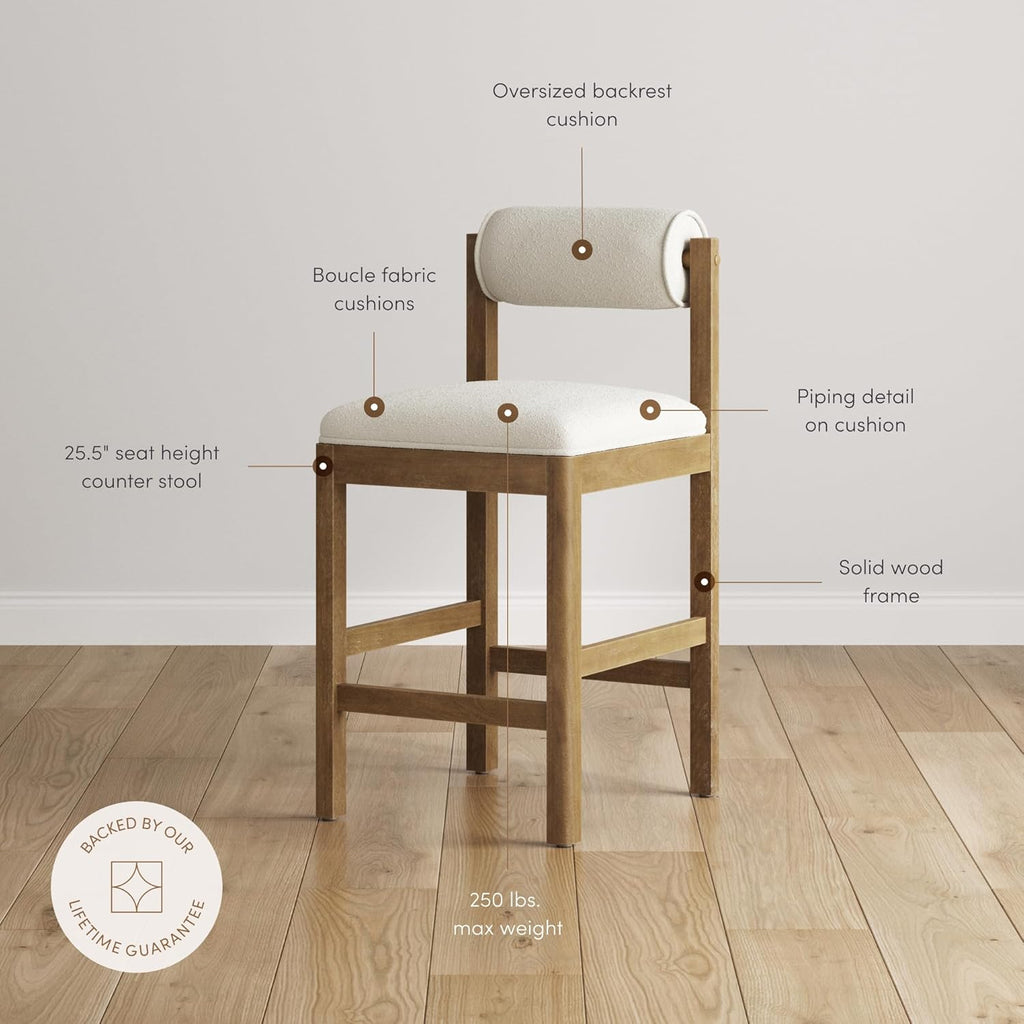 Nathan James Kimberly Modern Counter Stool with Solid Wood Legs, Boucle Upholstered Counter Height Stool with Bolster Back, Cream Boucle/Light Brown Set of 4