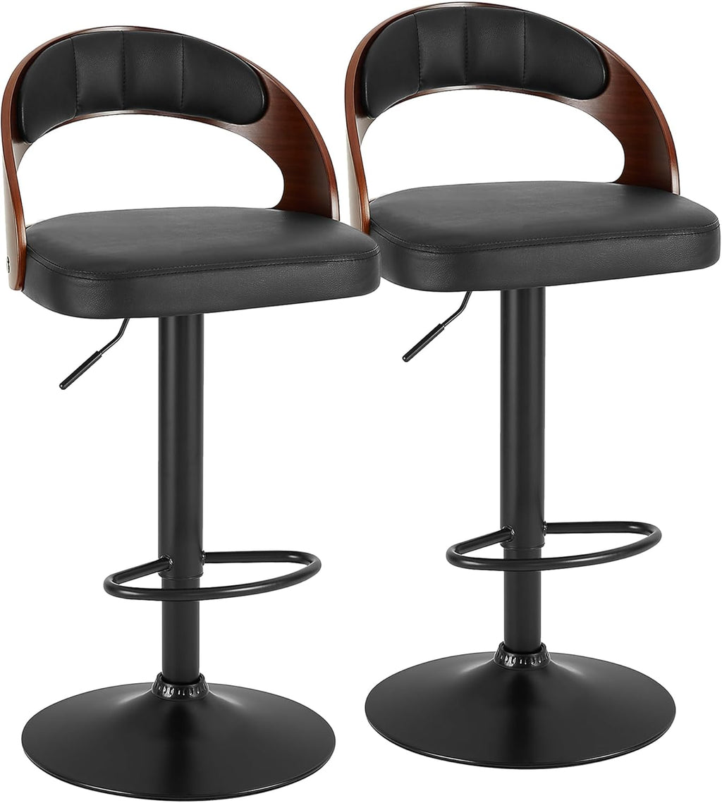 VECELO Bar Stools Set of 2,Counter Height Stools with Bentwood Back&Arm, Swivel Barstools,PU Leather Kitchen Island Stools, Adjustable Height Bar Chairs for Club Pub Dining Room,Black