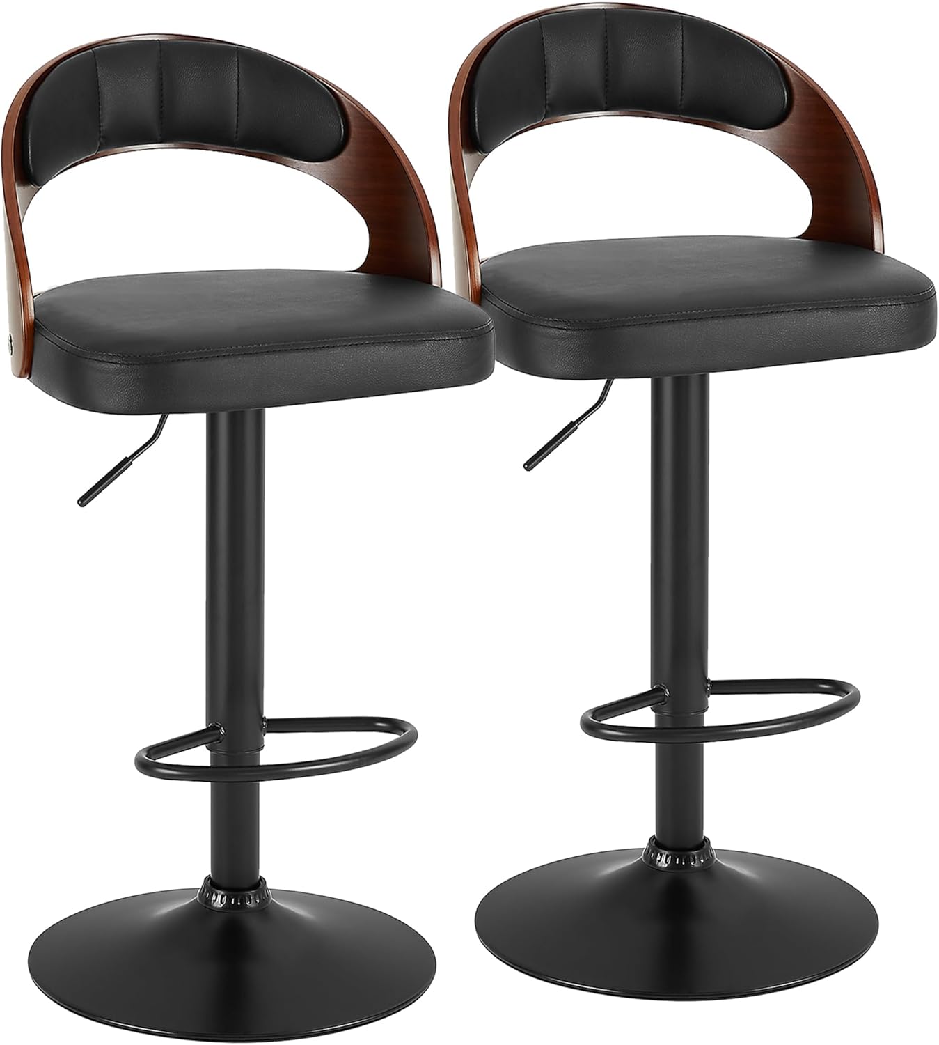 VECELO Bar Stools Set of 2,Counter Height Stools with Bentwood Back&Arm, Swivel Barstools,PU Leather Kitchen Island Stools, Adjustable Height Bar Chairs for Club Pub Dining Room,Black