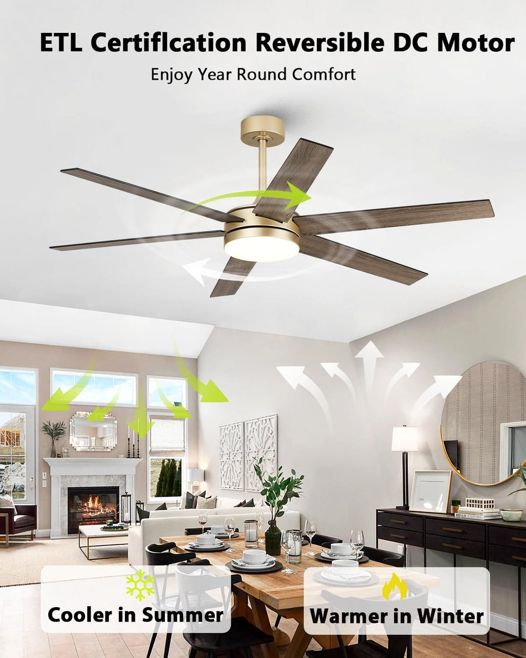 60 Inch Large Gold Ceiling fan with Lights and Remote/APP, Modern Black and Gold Ceiling Fan for bedroom Living Room Shop with 3CCT, 6-Speeds, Timer, 5 Blade Indoor Sleek Brass Fandelier