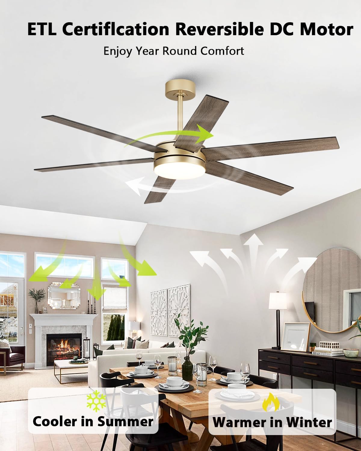 60 Inch Large Gold Ceiling fan with Lights and Remote/APP, Modern Black and Gold Ceiling Fan for bedroom Living Room Shop with 3CCT, 6-Speeds, Timer, 5 Blade Indoor Sleek Brass Fandelier