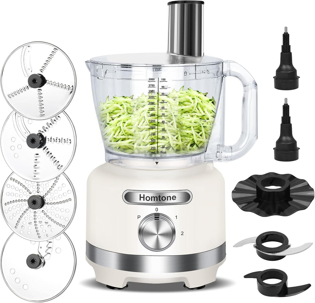 Homtone 16-Cup Food Processor, Heavy-Duty 9-Function Vegtable Chopper with 7 Blades & 3 Speeds for Dough Kneading, Meat Chopping, Slicing, Shredding & French Fry Cutting, Dishwasher Safe, White