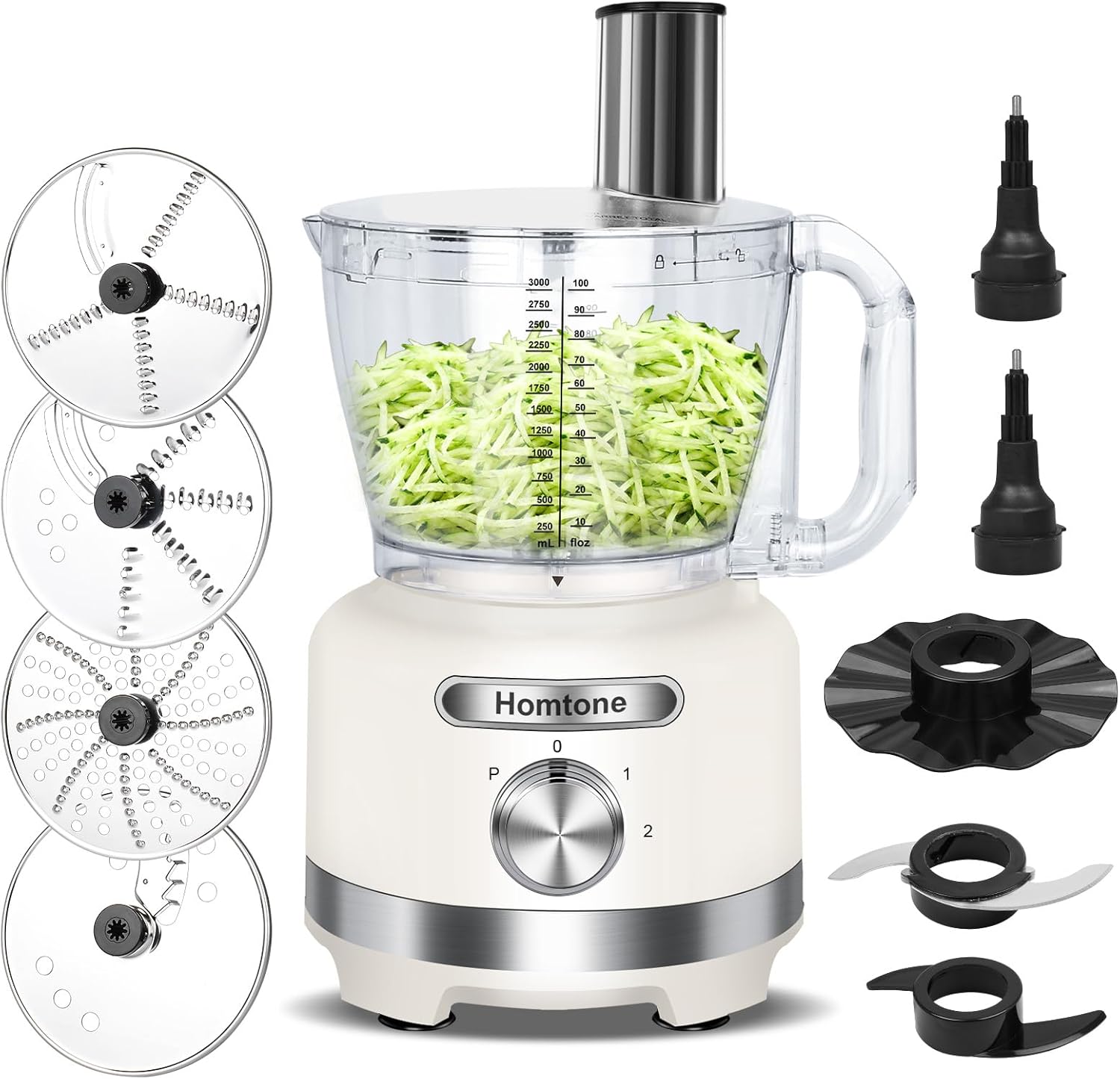 Homtone 16-Cup Food Processor, Heavy-Duty 9-Function Vegtable Chopper with 7 Blades & 3 Speeds for Dough Kneading, Meat Chopping, Slicing, Shredding & French Fry Cutting, Dishwasher Safe, White