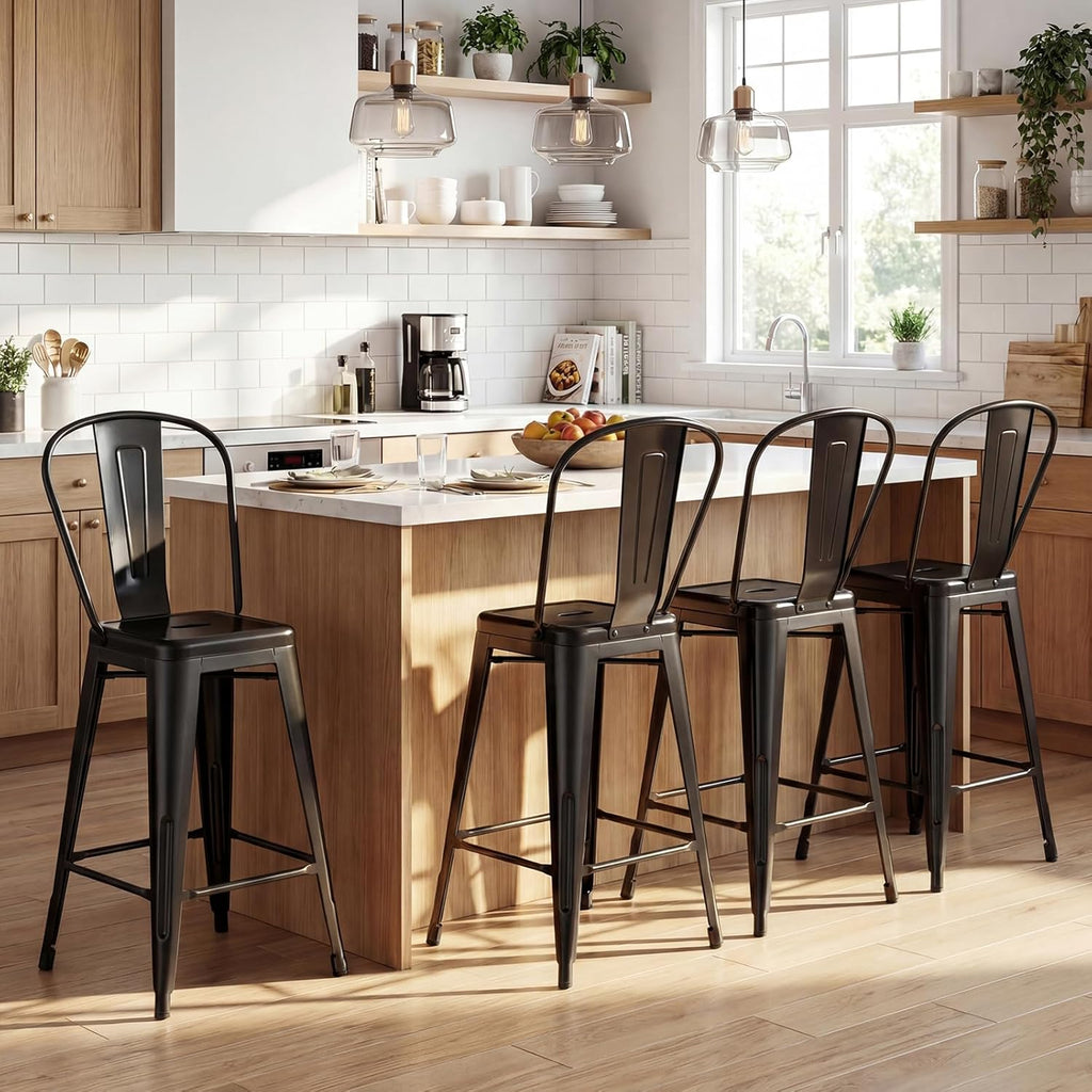 Giantex 24" Metal Bar Stools Set of 4, Counter Height Bar Chairs w/Removable Back & Integrated Footrest, High Back Barstools w/Rubber Foot Pads for Kitchen Dining Rooms, Restaurants, Black
