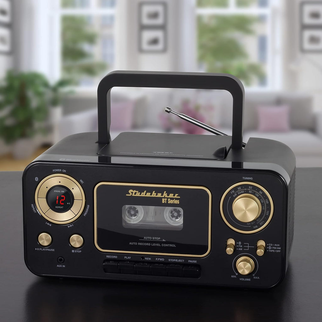 Studebaker Bluetooth Portable Stereo CD, AM/FM Stereo Radio and Cassette Player/Recorder (Black & Gold)