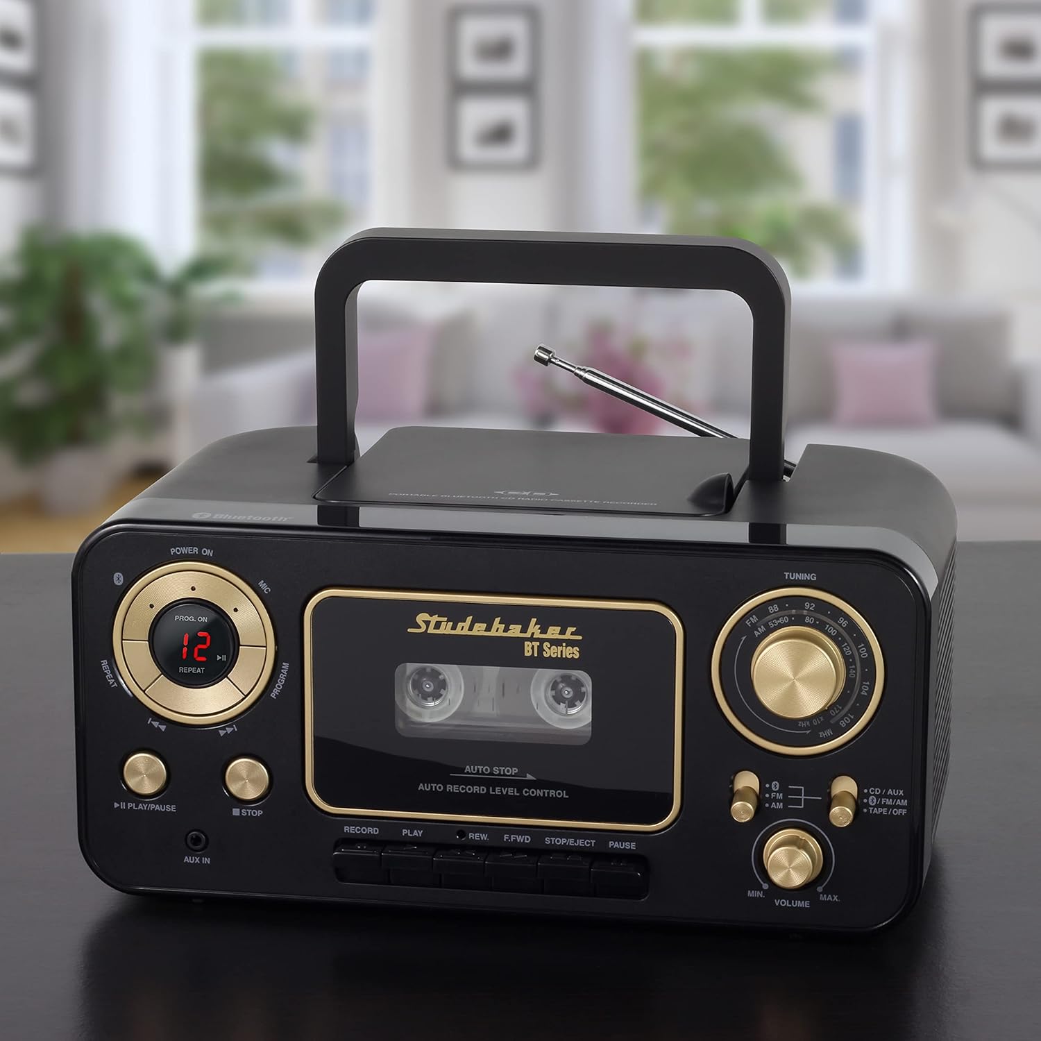 Studebaker Bluetooth Portable Stereo CD, AM/FM Stereo Radio and Cassette Player/Recorder (Black & Gold)