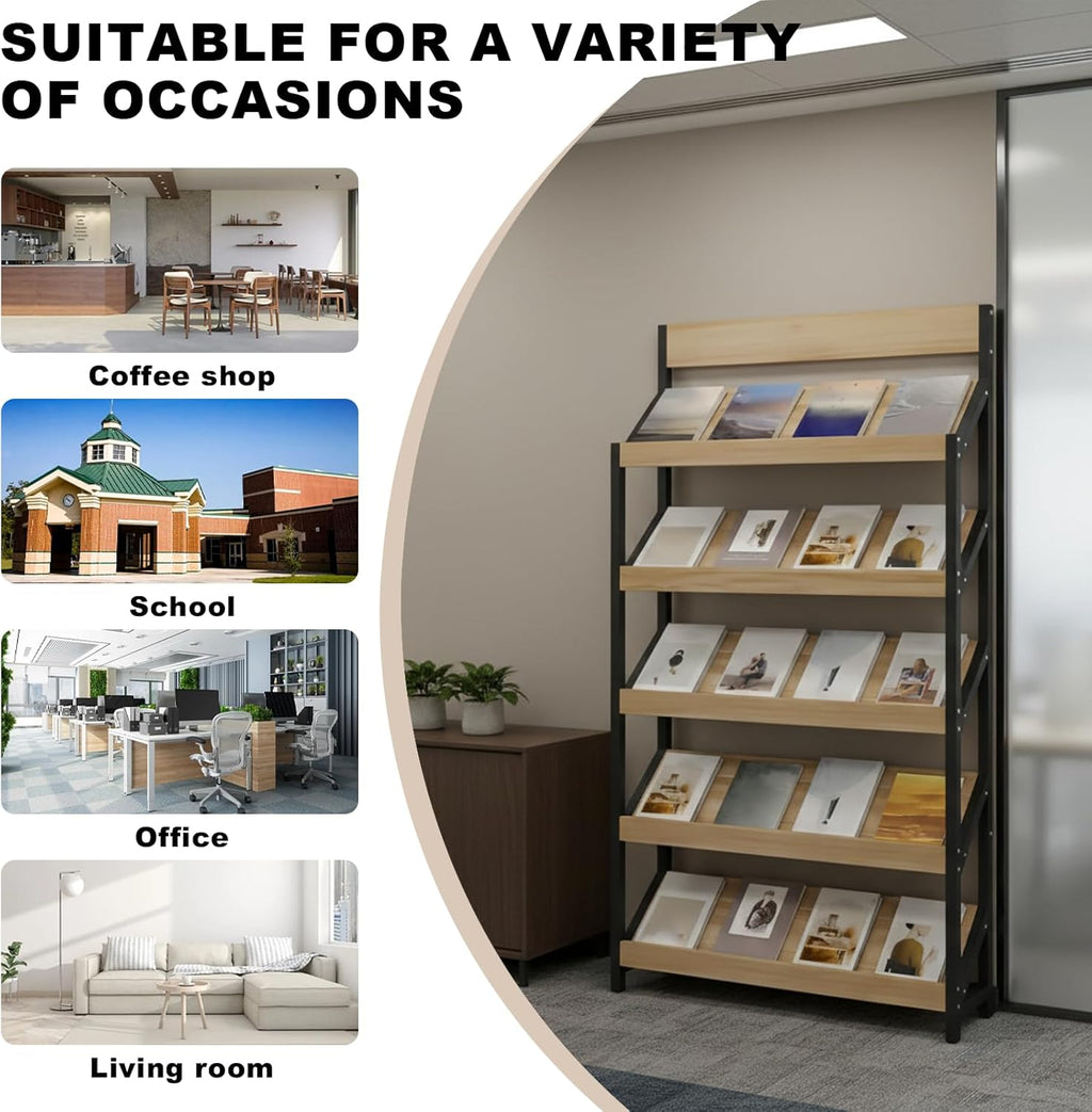 Magazine Rack Floor, 4/5-Tier Floor Magazine Rack, Sturdy Carbon Steel & Wood Literature Display Stand, Space-Saving Vertical Design,Literature Rack for Living Room, Coffee Shop, Office, School