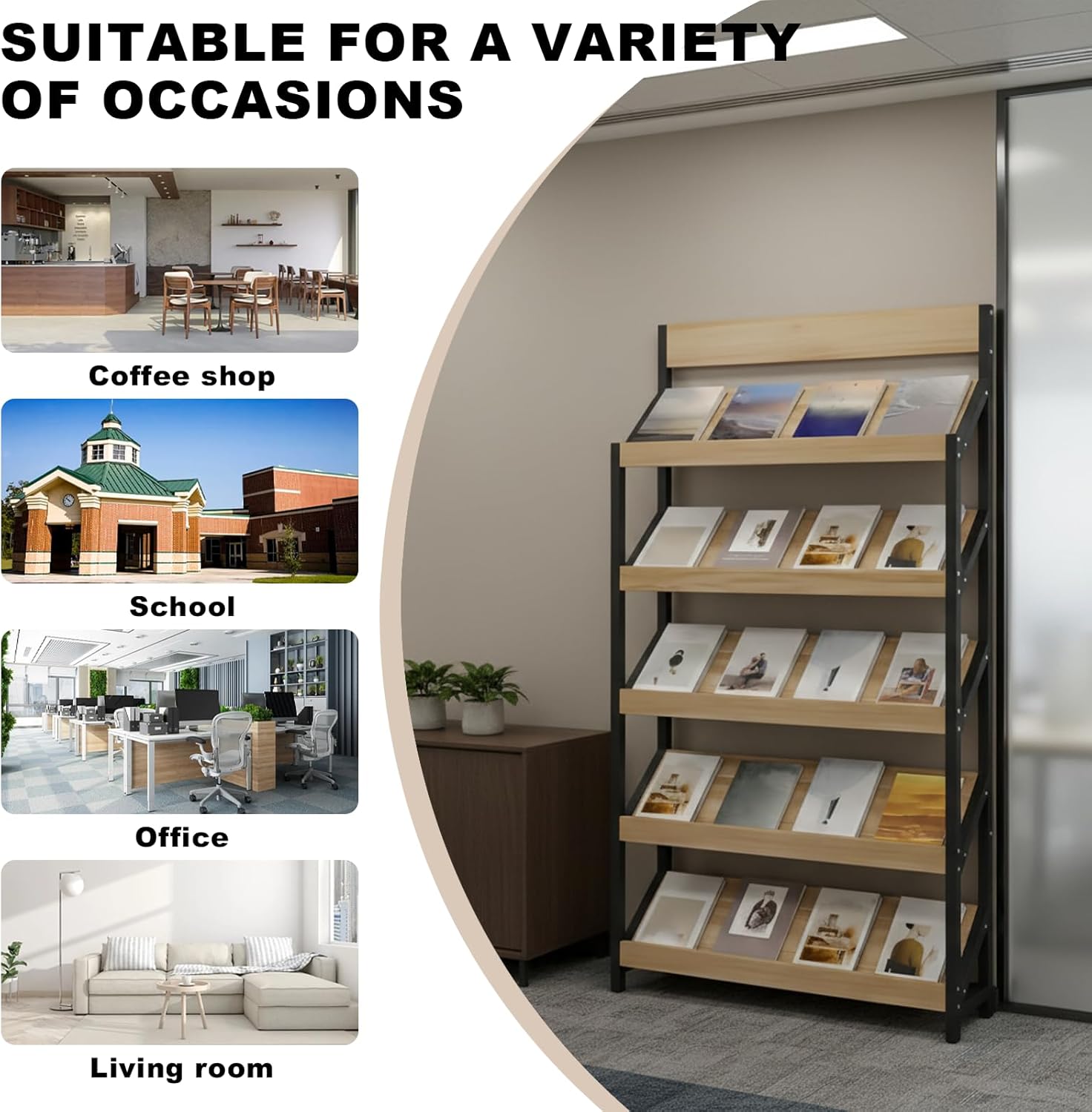 Magazine Rack Floor, 4/5-Tier Floor Magazine Rack, Sturdy Carbon Steel & Wood Literature Display Stand, Space-Saving Vertical Design,Literature Rack for Living Room, Coffee Shop, Office, School