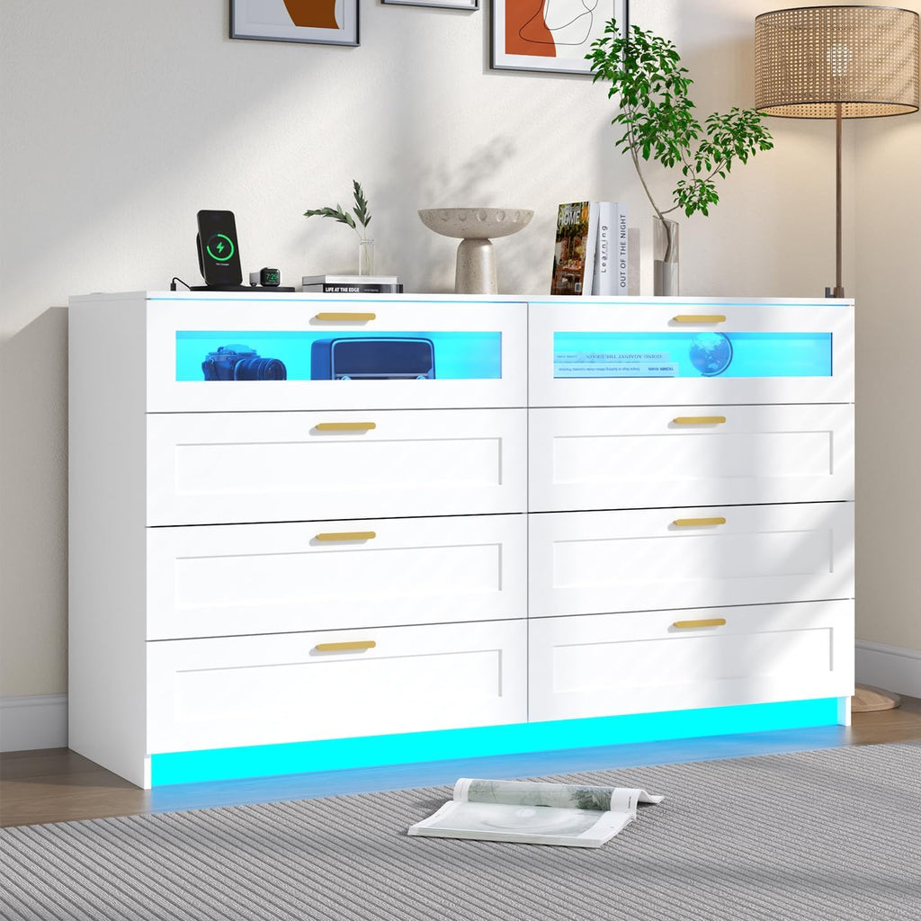 8 Drawers Dresser with Charging Station, White Dresser for Bedroom with LED Lights, Modern Chest of Drawers for Closet, Double Wide Dressers Organizer for Bedroom, Living Room, Entryway (White)