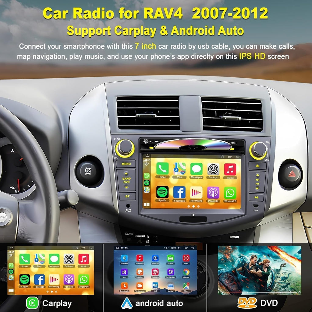 Car Radio for Toyota RAV4 2007 2008 2009 2010 2011 2012, 7-inch Touch Screen Stereo Support CD/DVD,CarPlay&Android Auto, Bluetooth5.2&Voice Control, Backup Camera& SWC,AM/FM Car Radio Receiver