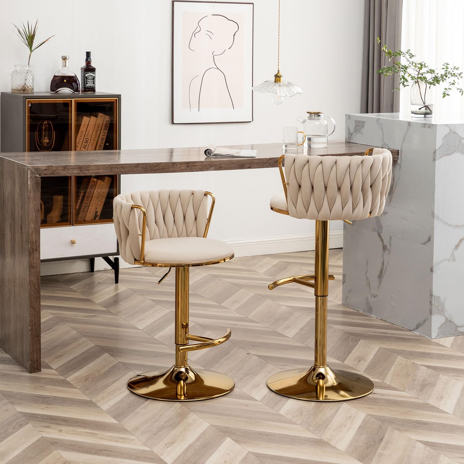 Riknuxi Woven Bar Stools Set of 4, Counter Height Bar Stools with Low Back, Gold Swivel Barstools for Kitchen Island, Bar Pub (Beige)