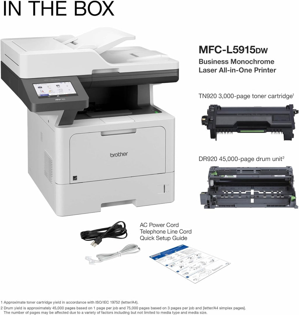 Brother Professional Laser Printer All-in-One with Scanner and Copier, High-Speed 50 ppm Monochrome Printing, Wireless Network Ready, Dual-Band WiFi, Auto 2-Sided Print (MFC-L5915DW)
