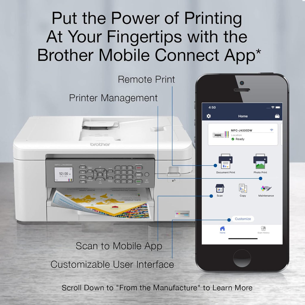 Brother MFC-J4335DW INKvestment Tank Wireless All-in-One Color Inkjet Printer, Up to 1-Year of Ink in-Box, Duplex Printing, Mobile and Cloud Print, Works with Alexa