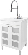 White Utility Sink in White Vanity, Stainless Steel Pull-Down Coil Faucet, Soap Dispenser and Spacious Cabinet by JS Jackson Supplies for Garage, Basement, Shop and Laundry Room