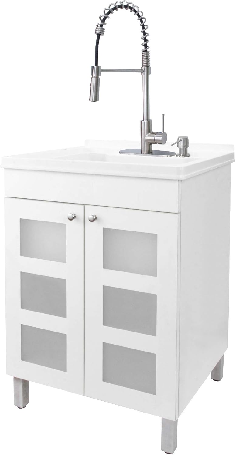 White Utility Sink in White Vanity, Stainless Steel Pull-Down Coil Faucet, Soap Dispenser and Spacious Cabinet by JS Jackson Supplies for Garage, Basement, Shop and Laundry Room