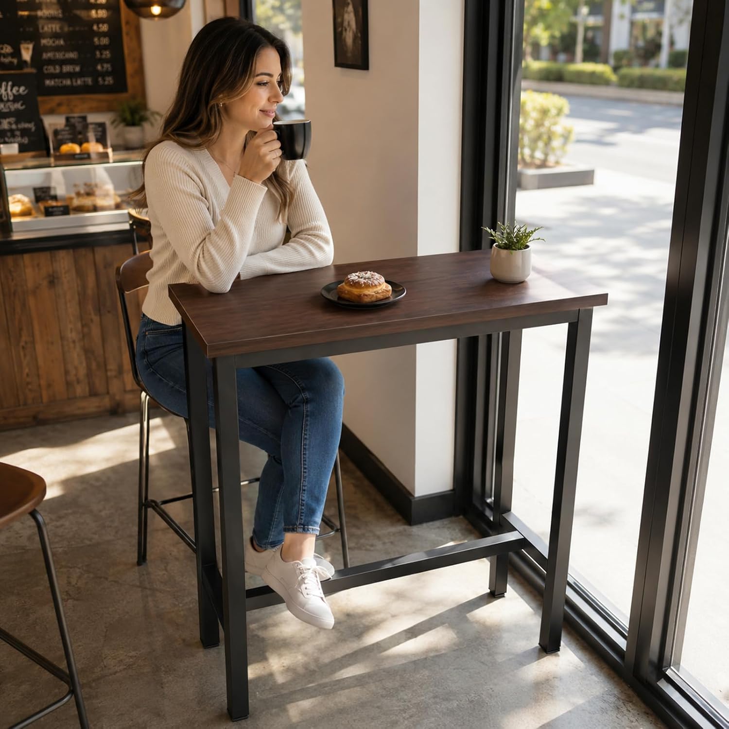 Long Bar Table - 41" Counter Height Narrow Bar Table with Solid Wood Top, Bar Height Table with Metal Frame, Space-Saving Pub Table for Kitchen, Living Room, Behind Couch, Coffee Shop Walnut
