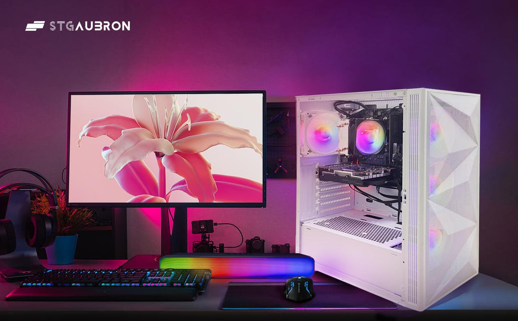 STGAubron Gaming PC Desktop Computer, AMD Ryzen 5 5600GT up to 4.6G, Radeon RX 6500 4G, 16G DDR4, 1T SSD, WiFi 6 & BT 5.2, RGB Fan x4, Windows 11 Home,White