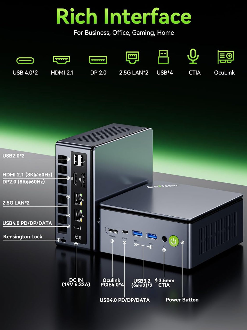 GMKtec Mini PC Gaming AMD Ryzen 7 PRO 6850U 32GB DDR5 1TB PCle SSD I226V Dual NIC LAN 2.5G Desktop Oculink Computer, Dual USB4, HDMI 2.1, USB-C M7 Ultra