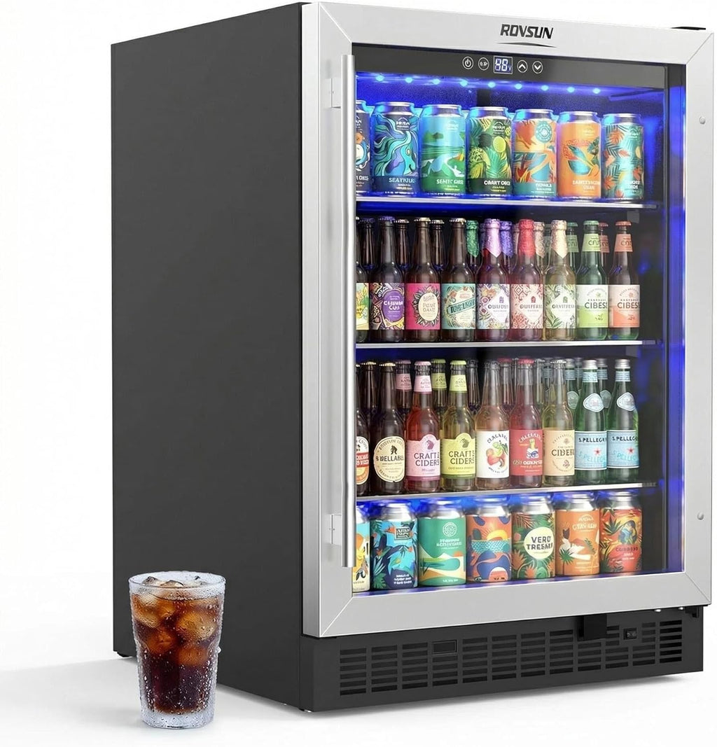ROVSUN 24 Inch Beverage Refrigerator, 5.8 Cu.Ft. Under Counter Beverage Fridge with Glass Door and Touch Temperature Control for Soda, Beer, Built-in or Freestanding Cooler for Kitchen, Bar, Office