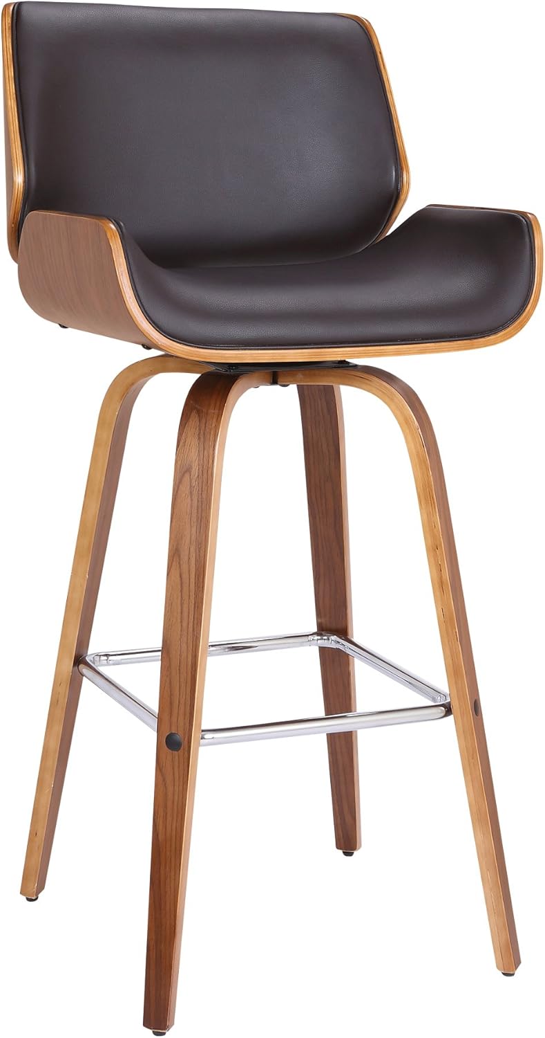 Armen Living Tyler 30" Bar Height Swivel Brown Faux Leather and Walnut Wood Bar Stool