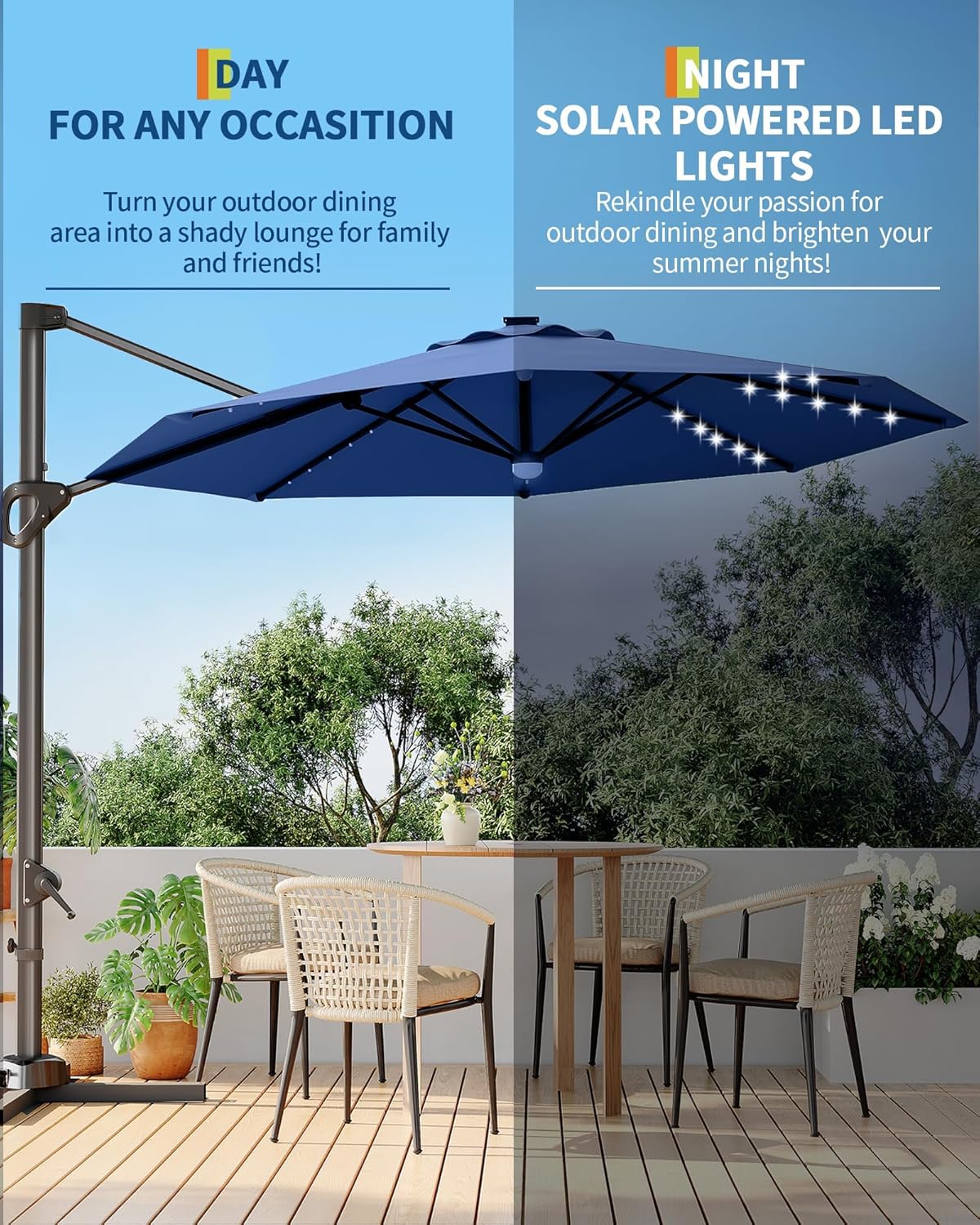 GarveeLife 10FT Patio Umbrella Outdoor Solar LED Large Cantilever Umbrella Market Sun Shade Windproof Offset Umbrella with 360-Degree Rotation for Garden Deck Pool Patio