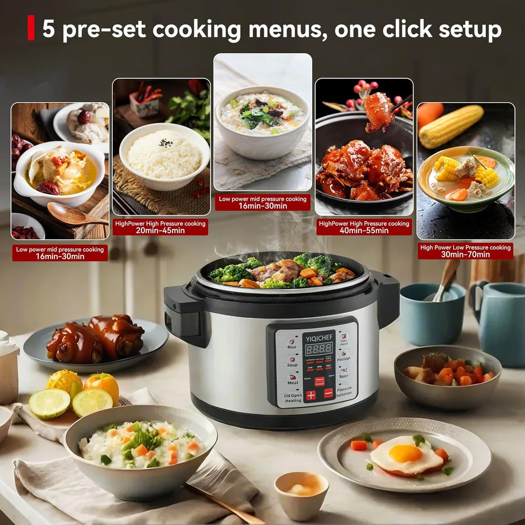 15.8Qt Commercial Large Electrical Pressure Cooker, 8-in-1 multifunctional Pressue Cooker with Non-stick Inner Pot|24 hours Preset Slow Cooker/Delay time Setting steam cooker/rice cooker and warmer