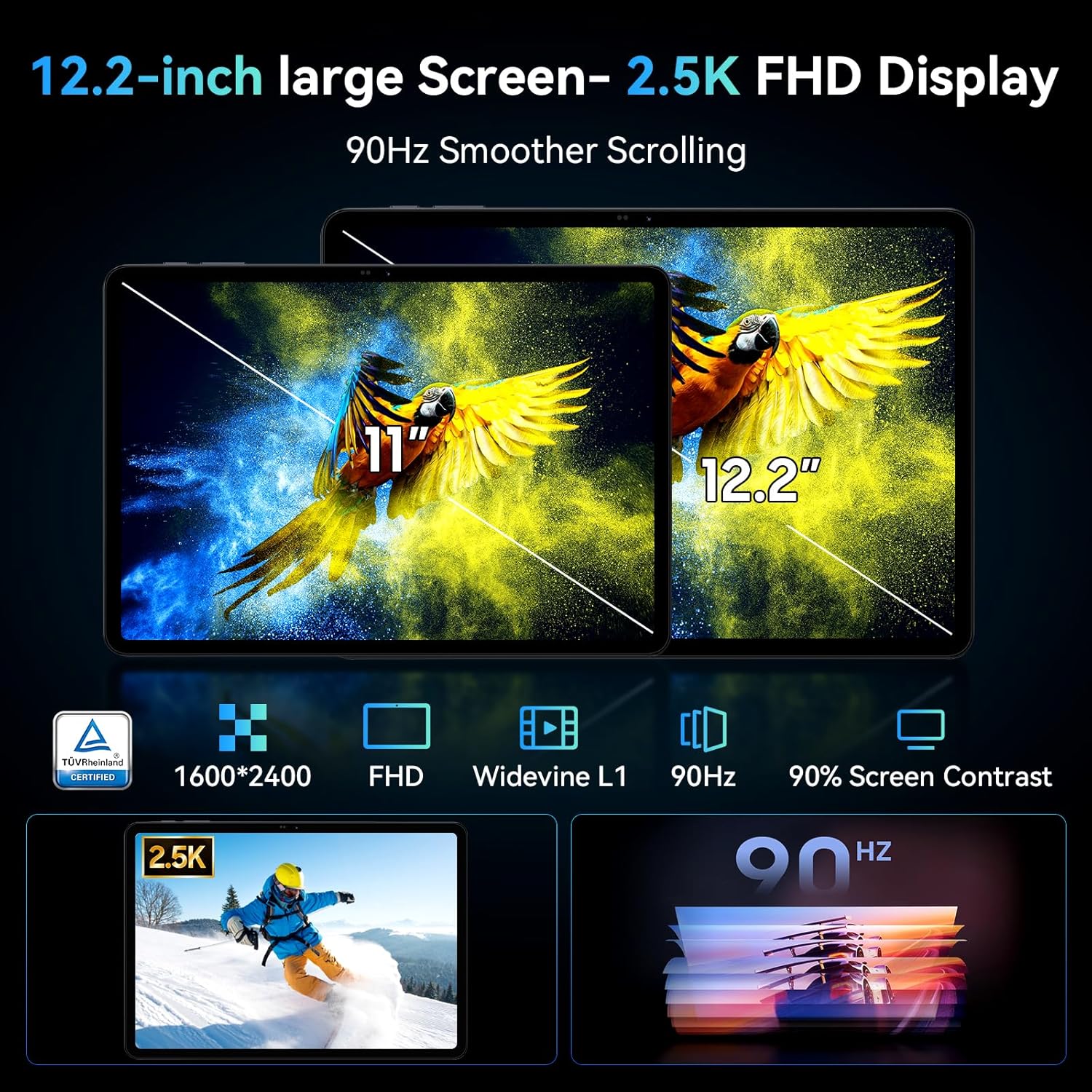 2026 upgrated 12 inch Tablet, Android 16 Tablet with Keyboard, 2K QHD Display for High-Res Gaming/Art/Productivity,with Wideline, 48GB+256GB+2TB, 5G WiFi/Octa-Core/10000mAh/GMS/GPS-4-year Warranty