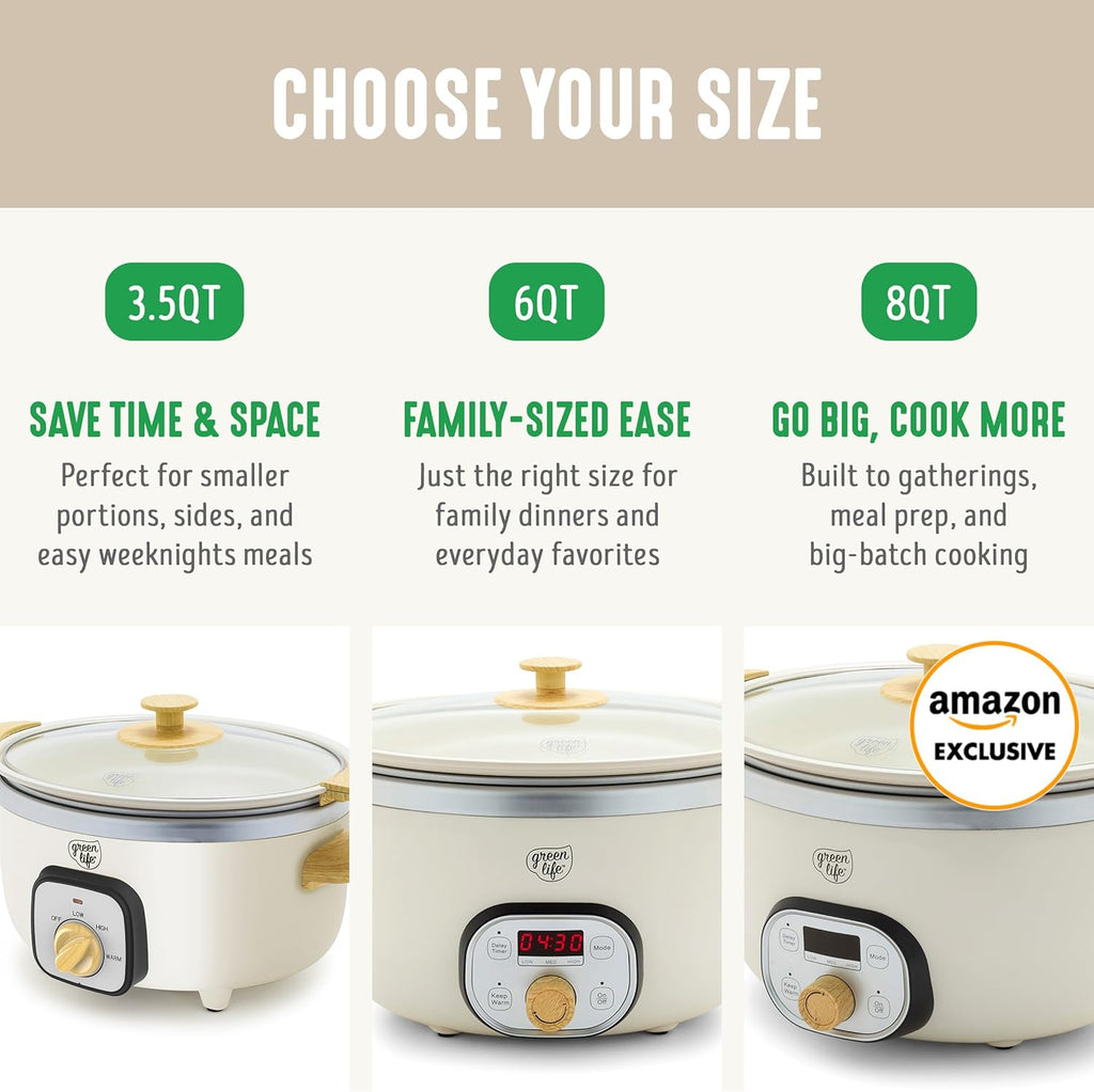 GreenLife 8QT Slow Cooker, Non-Toxic PFAS-Free Ceramic Nonstick Removable Interior Bowl, Programmable, Family Friendly, Keep Warm, Stovetop & Oven Safe, Dishwasher Safe Crock, Timer, Glass Lid, Cream